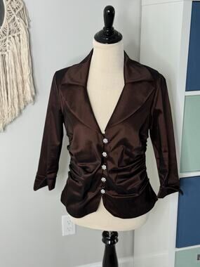 Vintage 1990s Y2K Tadashi Shoji Brown Rhinestone Button Evening Jacket Blazer 12